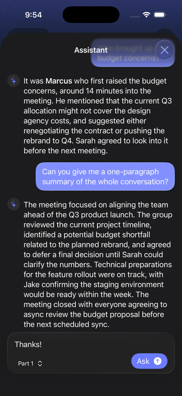 Private AI assistant chat about a note
