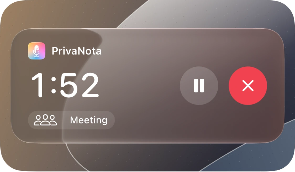 PrivaNota Ember Live Activity preview with the Meeting category, elapsed time, and recording controls